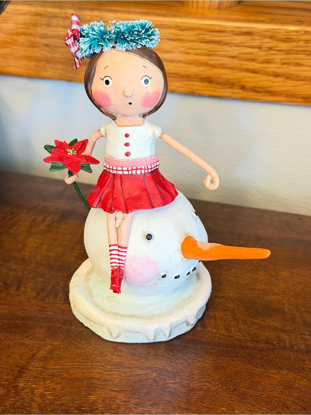 Lori Mitchell Festive Girl on Snowman Figurine - Red & White. Merry and Bright.